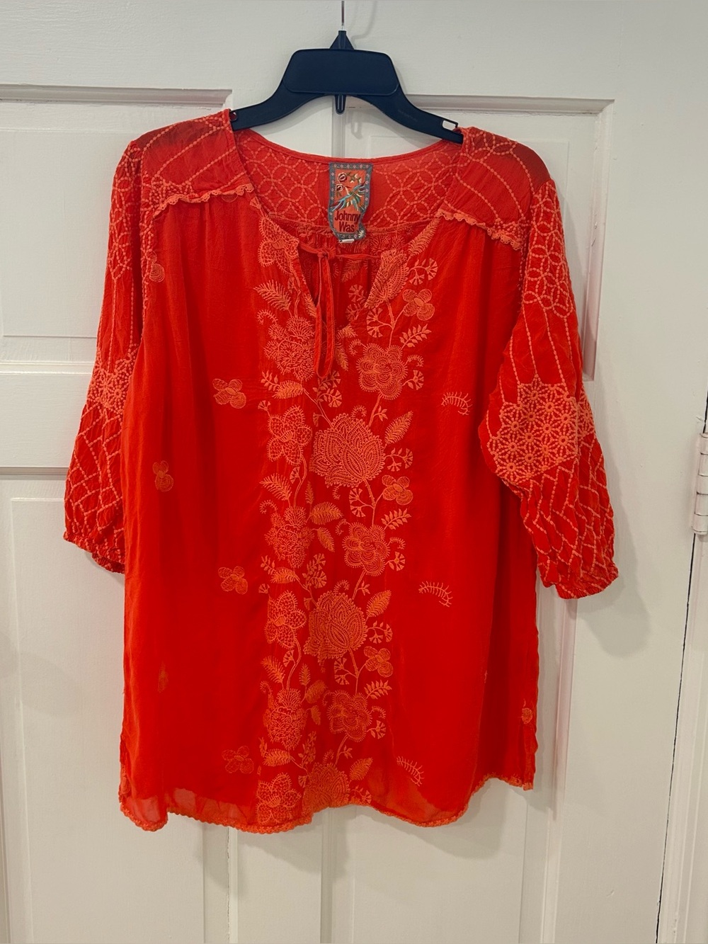 Johnny Was Embroidered Bohemian Quarter Sleeve Tassel Blouse Size Large